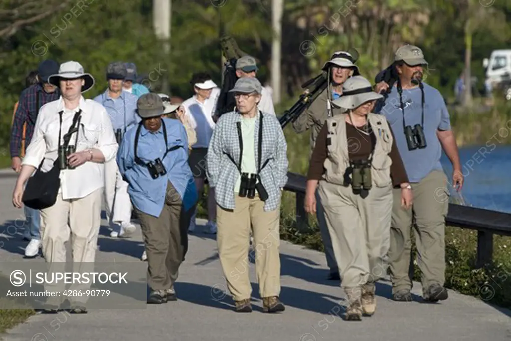 Tour of bird watchers stroll along Anhinga Trail, Everglades National Park, Florida
