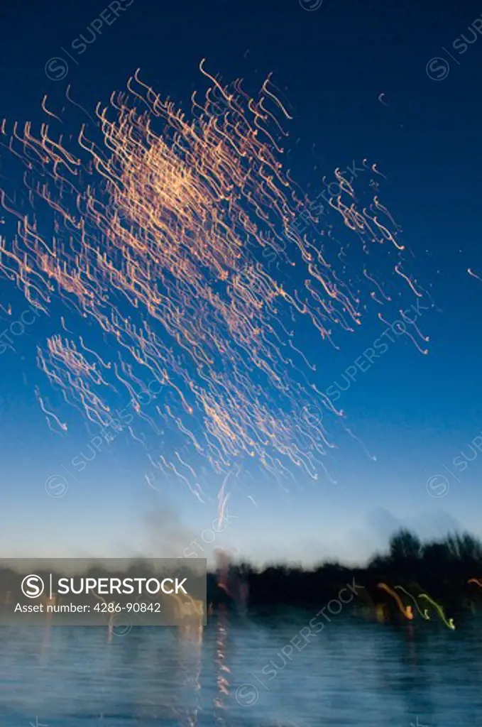 July Fourth fireworks time exposure, Big Pine Lake, Minnesotta