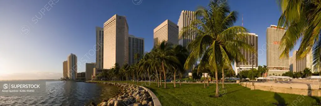 Downtown Miami, Florida, skyline and business district along Biscayne Bay at dawn