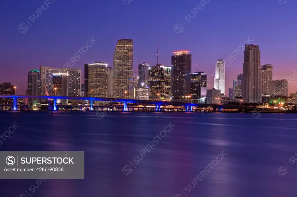 Downtown Miami, Florida, skyline and business district along Biscayne Bay at dawn