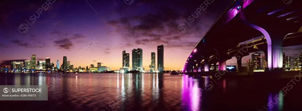 Miami, Florida, skyline at dusk over Biscayne Bay