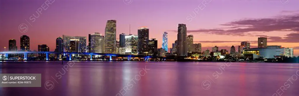 Miami, Florida, skyline at dusk over Biscayne Bay