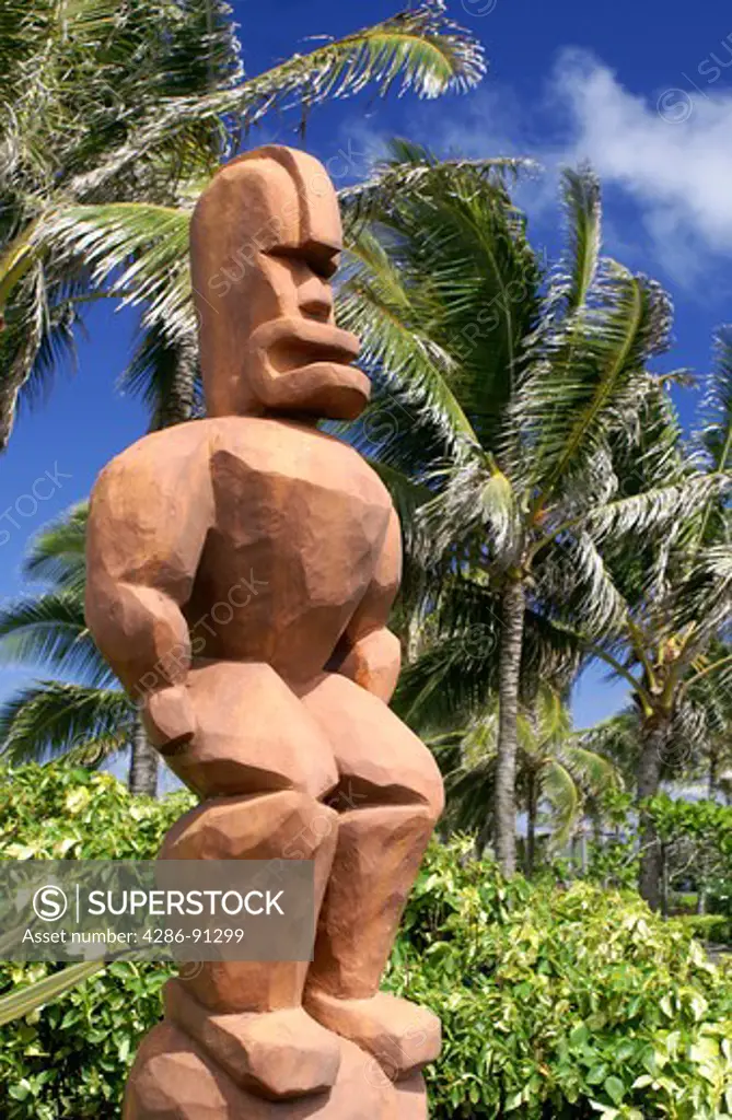Replica statues of Polynesian Gods decorate the outside of the Polynesian Cultural Center in Laie, Oahu, Hawaii