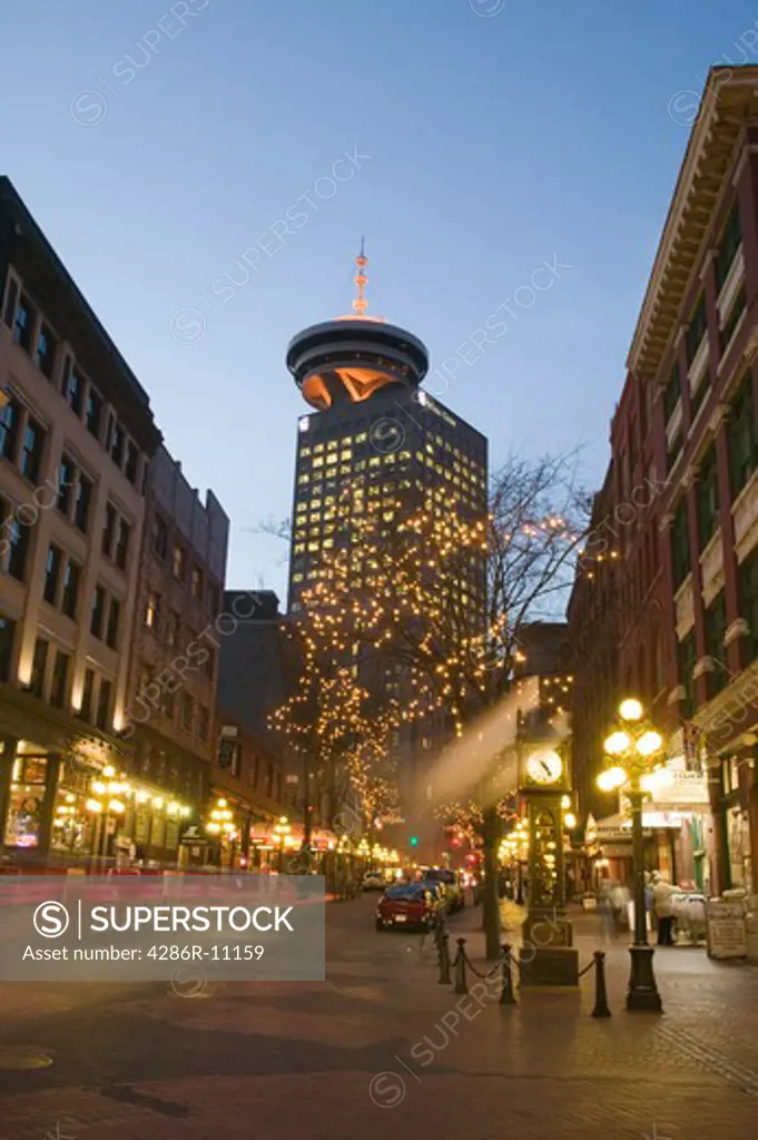 Gastown, Water Street, Steam Clock, Harbour Center Tower, Vancouver, BC, Canada.No Property Release