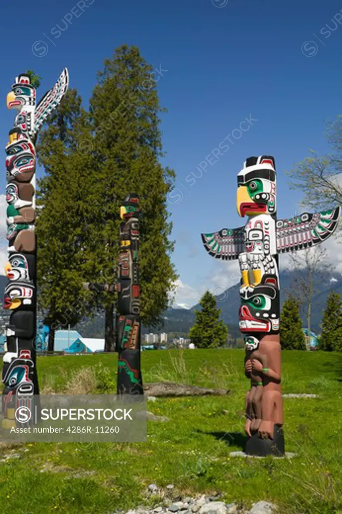 Totem Pole exhibit, Stanley Park, Vancouver British Columbia Canada.-