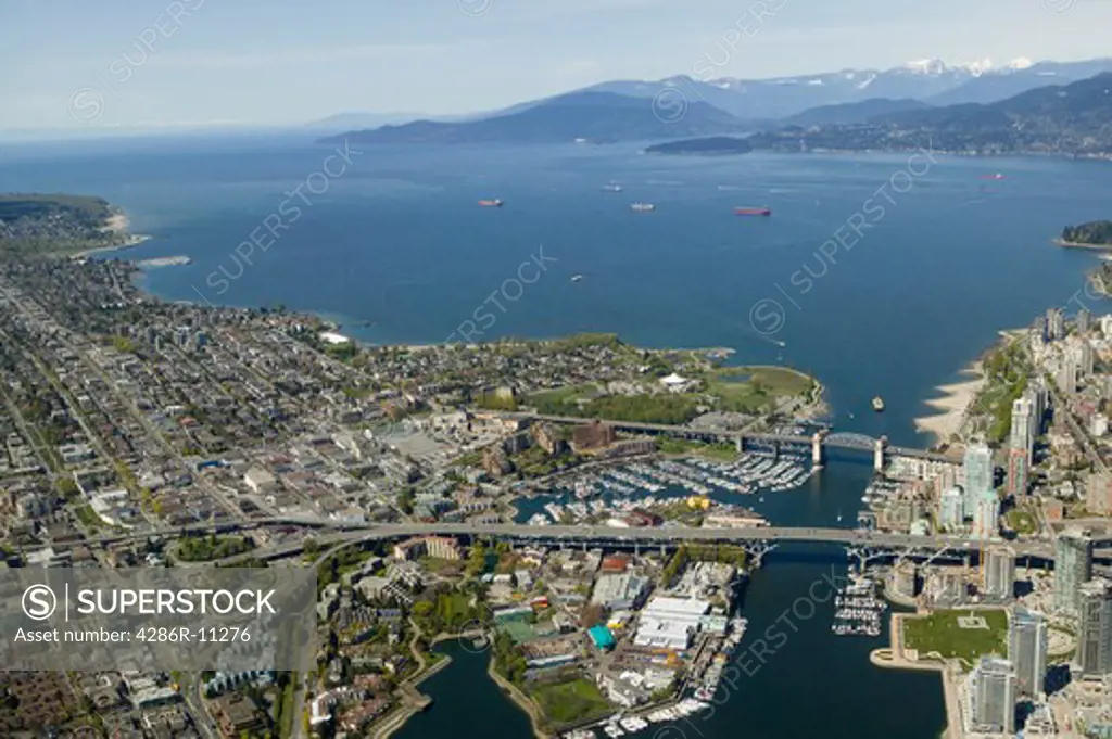 Aerial of Granville Island and area, Vancouver, British Columbia Canada.-