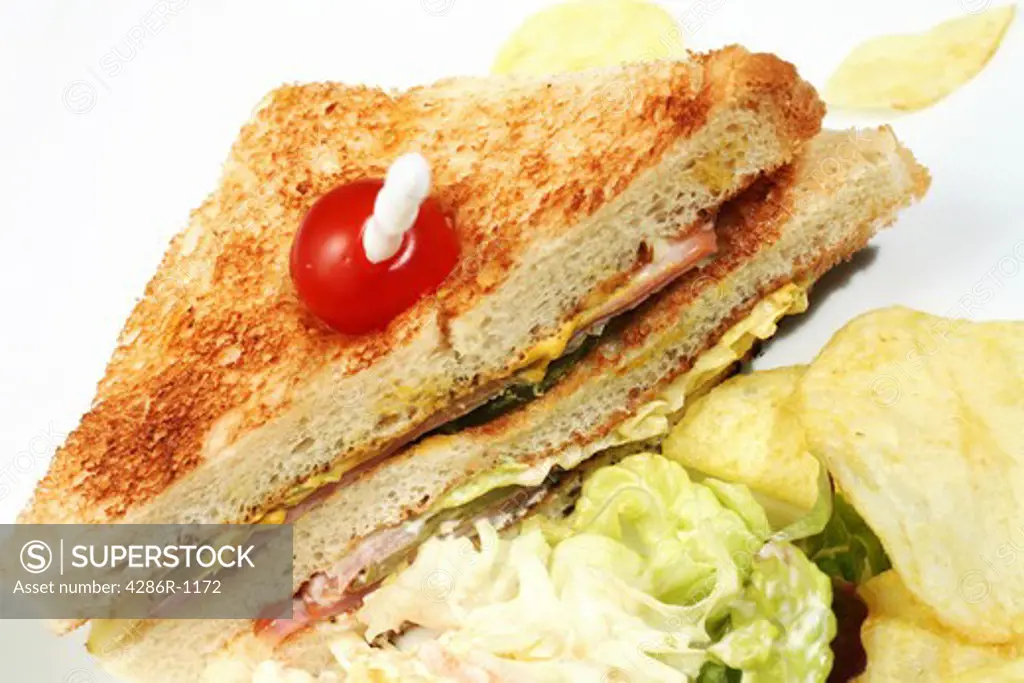 A club sandwich with potato chips, coleslaw and salad.