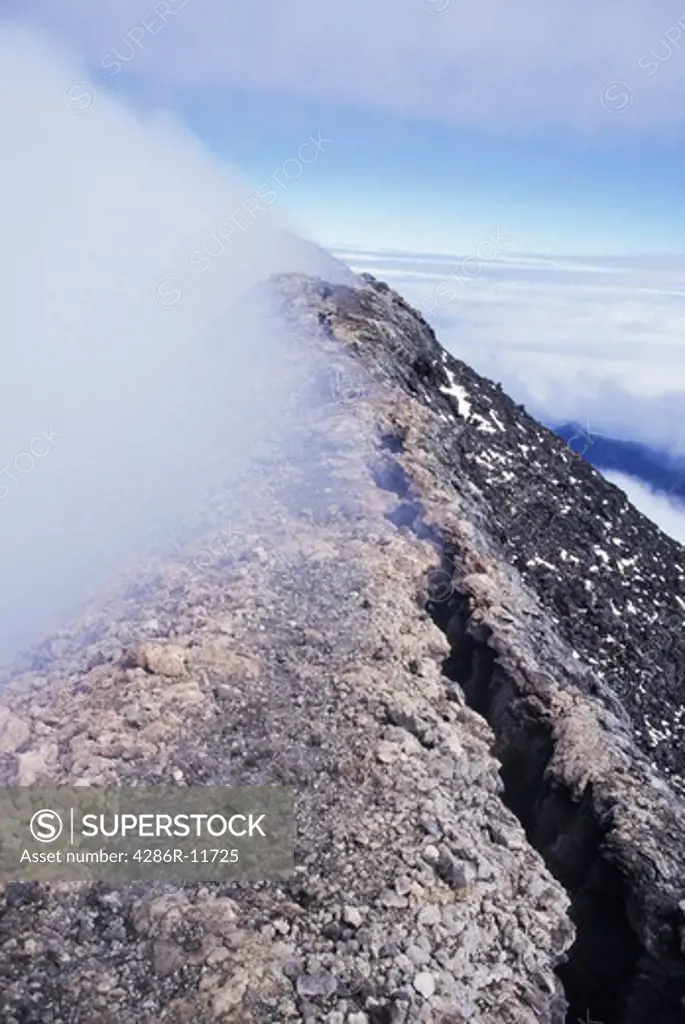 Fissure showing gas escaping on the summit of Volcano Villarrica. Chili.