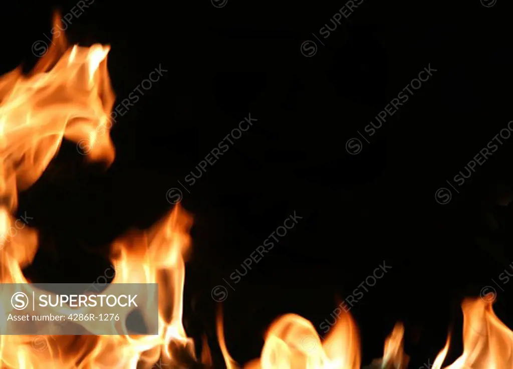 Dramatic flames around an empty black space for text.