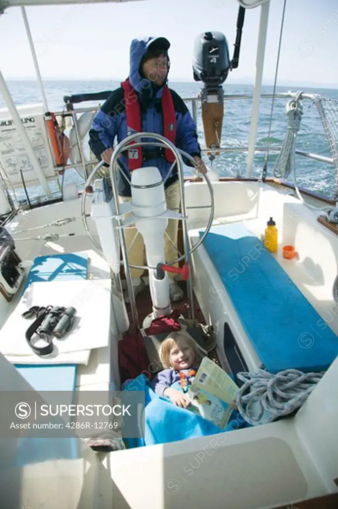 Woman at the Helm of a Sailboat and Her Daughter Reading, MR-0601 MR-0602