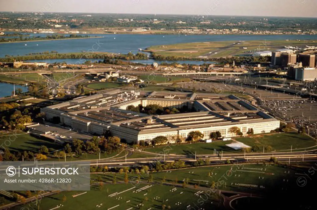 Aerial view of the Pentagon, with the Potomac river in the background