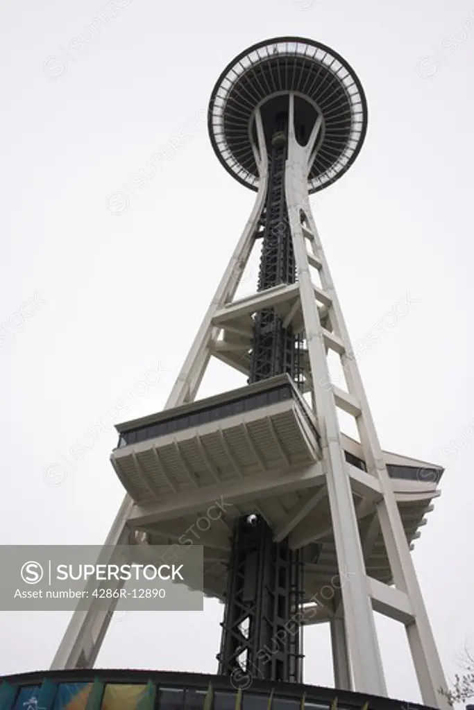 Low angle view of Seattle Space Needle against grey sky
