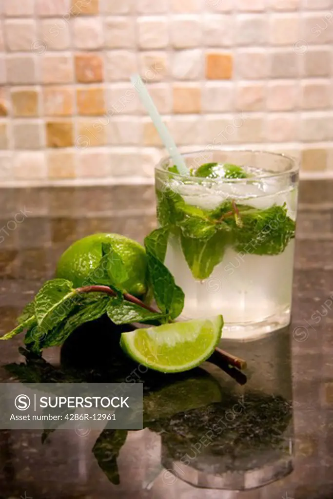 Closeup of a Mojito, a refreshing drink made with rum, lime and mint