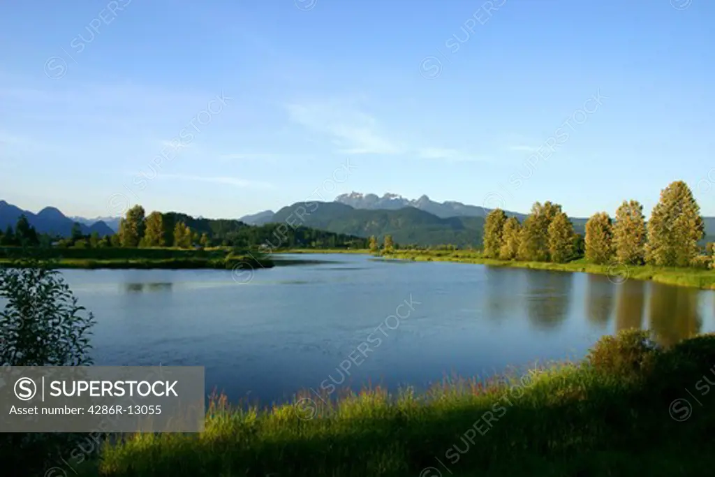 Wide View of the Alouette River and Golden Ears mountains Pitt Meadows BC