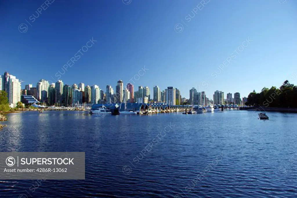 Marina and condominiums in Coal Harbour, Vancouver, as seen from Stanley Park