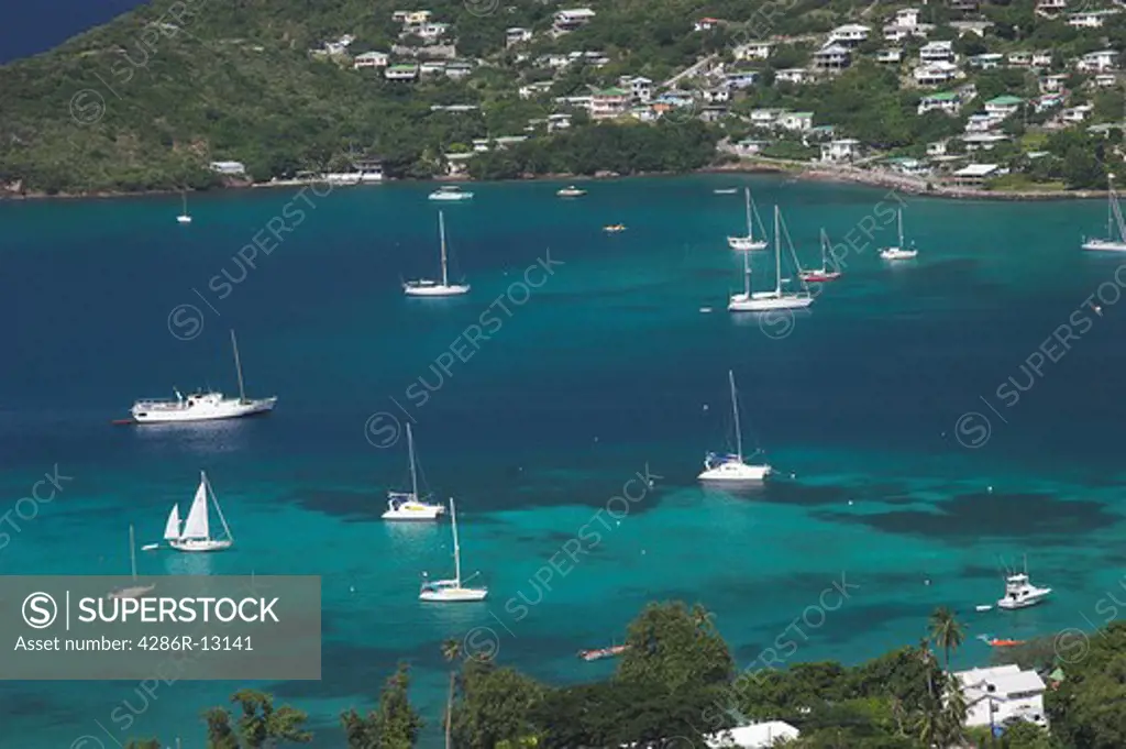 Looking down at yachts and boats moored in Admiralty Bay Port Elizabeth Bequia