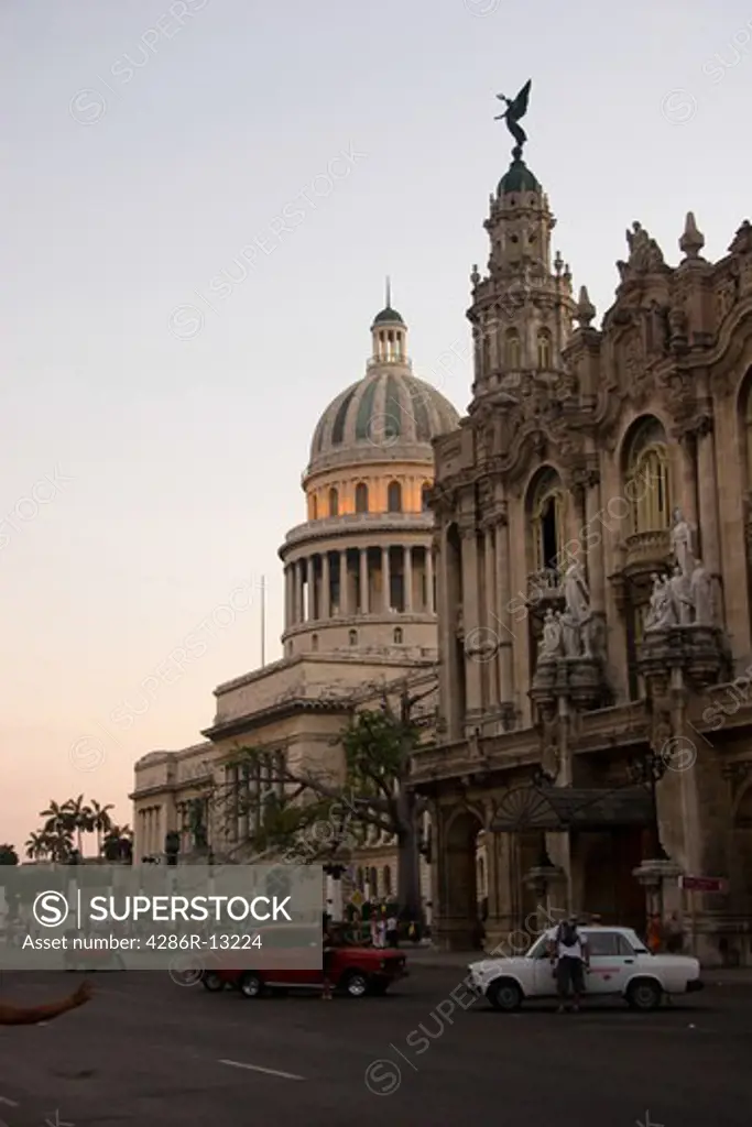 Area near the El Capitolio and Teatro Nacional in Old Havana at sunset