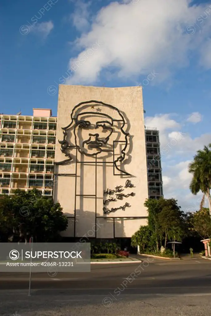 Mural of Che Guevara on the exterior of the Ministry of the Interior building in Havana Cuba