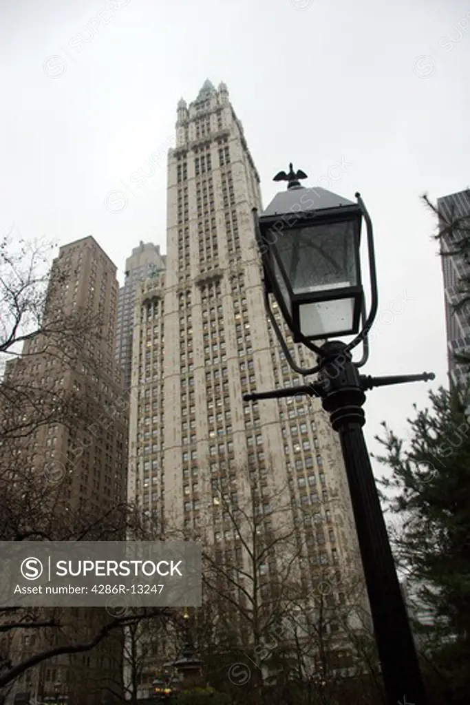 The art deco styled Woolworth Building across from City Hall Park, lower Manhattan, New York