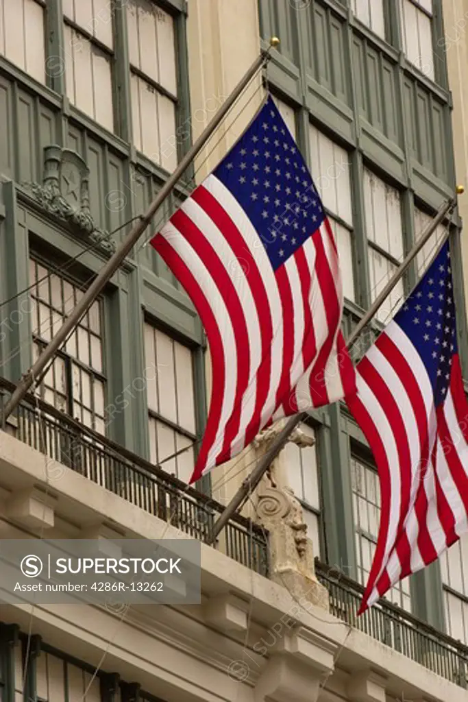 American flags hanging from department store, Manhattan, New York