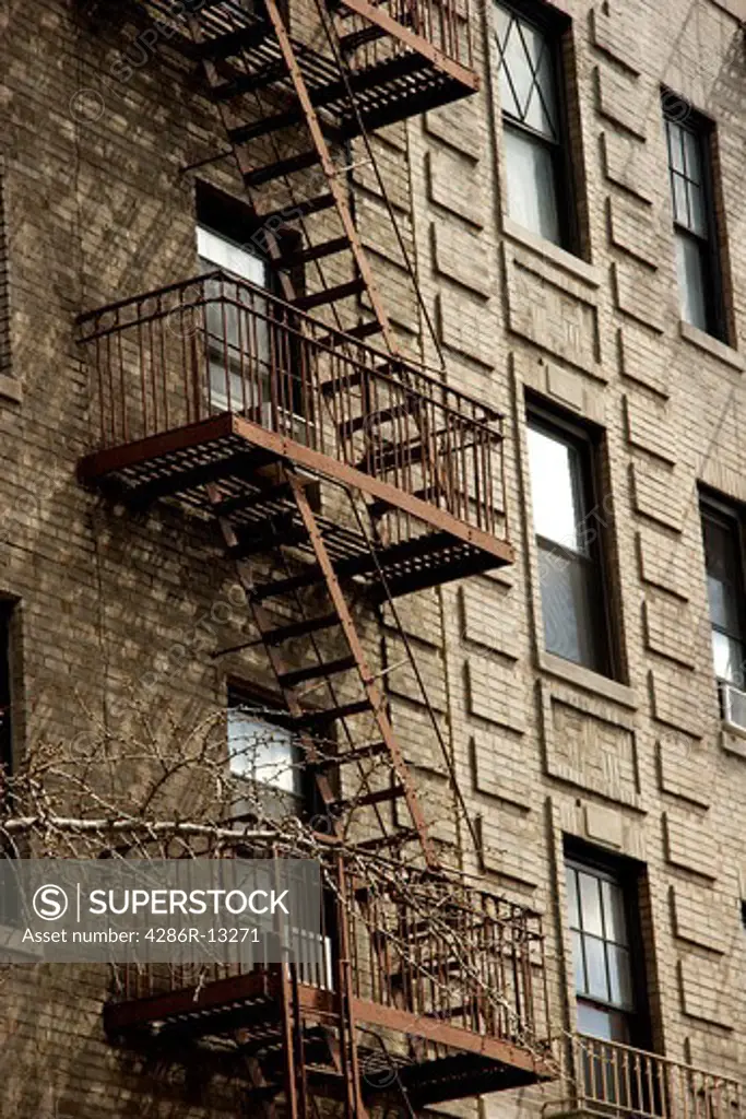 exterior metal fire escape on apartment building, Greenwich Village, Manhattan, New York