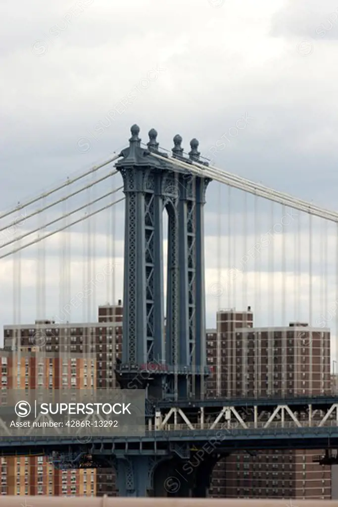 View of Manhattan Bridge from the walkway on the Brooklyn Bridge, New York