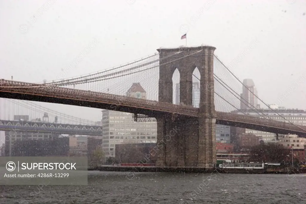 Brooklyn Bridge in a snow storm, New York