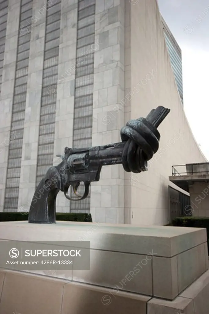 Twisted handgun statue at United Nations Plaza, New York City