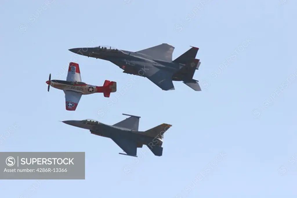 History of the United States Air Force - P-51 Mustang, F-15 Eagle and F-16 Fighting Falcon on low pass at Abbotsford International Air Show 2006