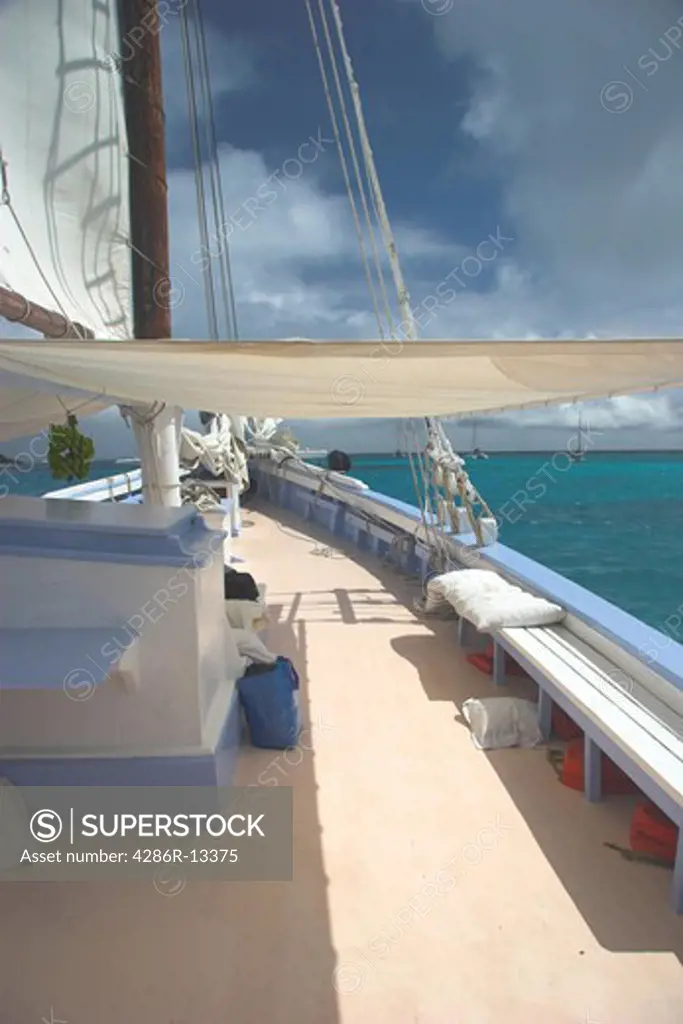 Looking along side of beautiful Caribbean Schooner in the Tobago Cays