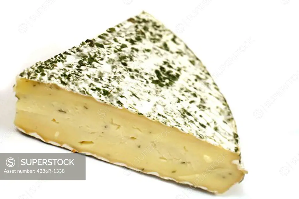 A well-ripened soft blue-veined brie on a white background