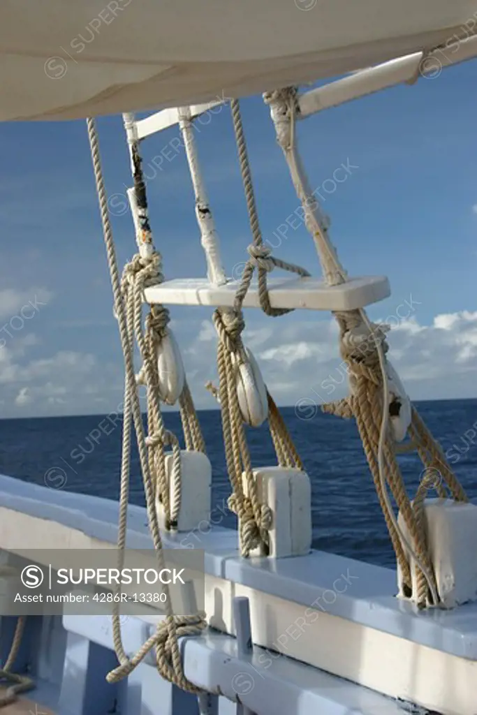 System of pulleys block and tackle on old style Caribbean Schooner