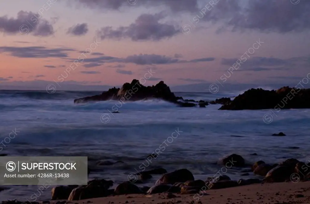Surreal seascape along the 17 mile drive, Monterey Bay at sunset, Central California, USA