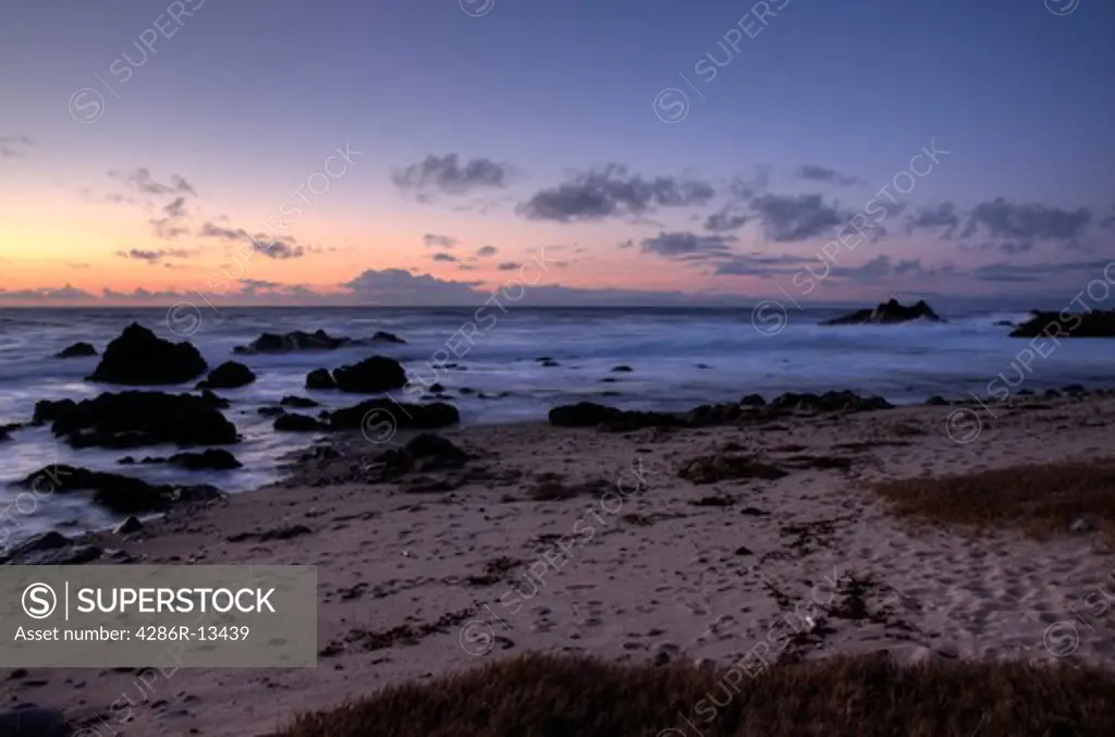 Along the 17 mile drive, Monterey Bay at sunset, Central California, USA