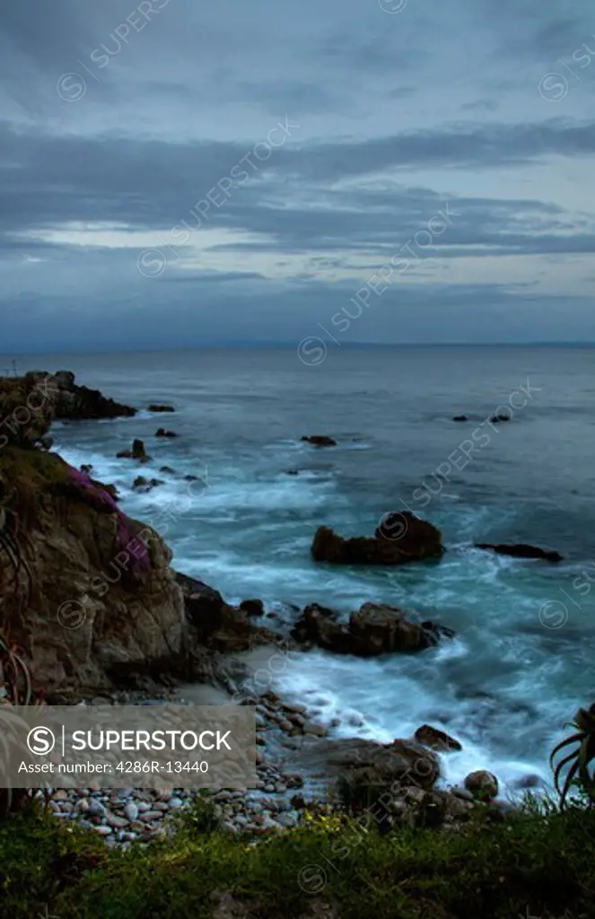Waves crasing into rock coastline near Pacific Grove, Monterey Bay, Central California, USA
