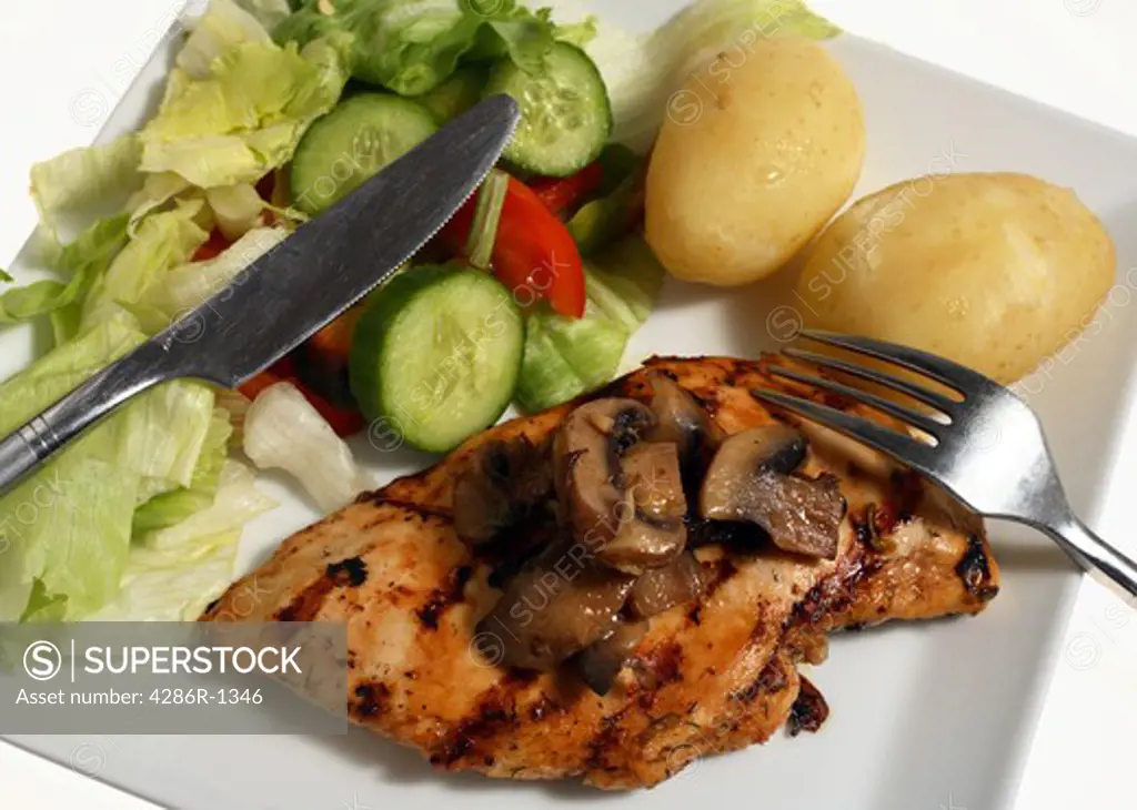 Herbed and marinated grilled chicken breast served with sauteed mushrooms, salad and boild new potatoes. Macro