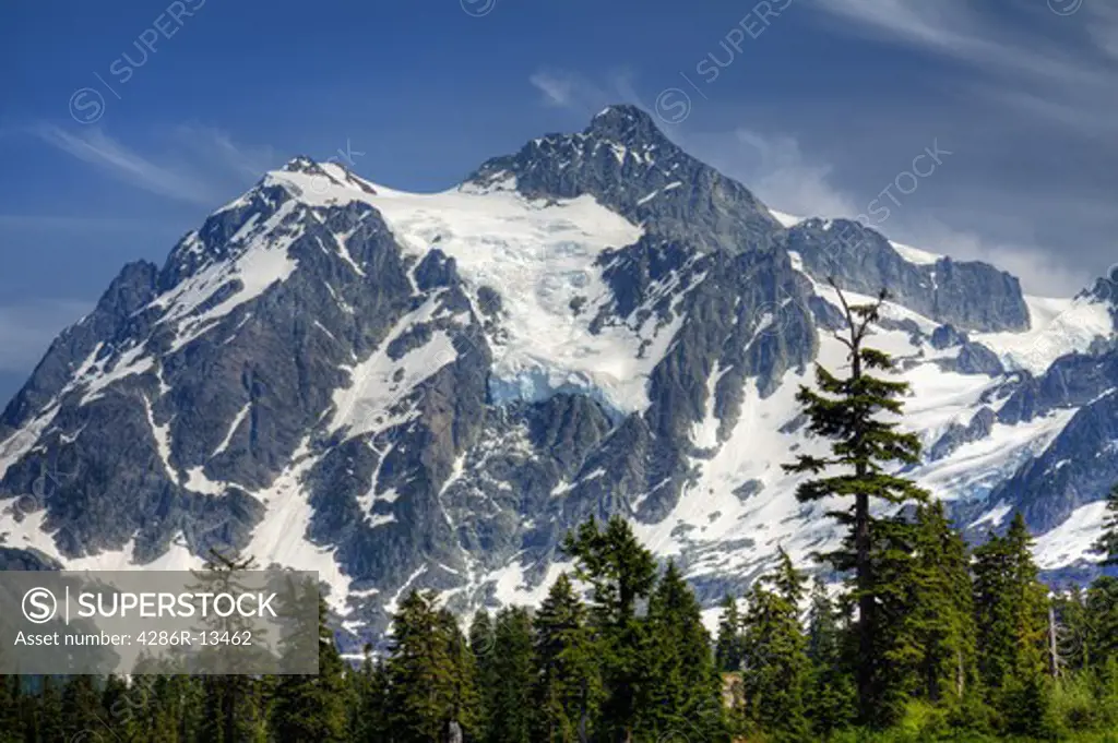 Mount Shuksan, a majestic peak with volcanic origins in the Mount Baker Wilderness, WA