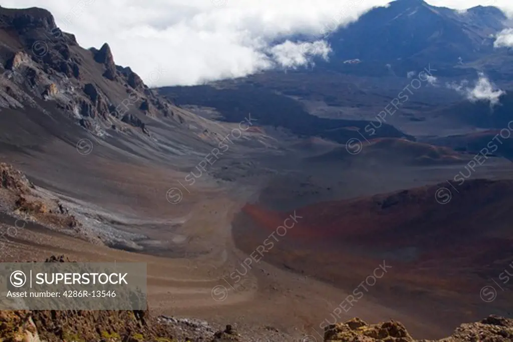 View looking down from the 10,000 foot Haleakala volcano on Maui into the crater.