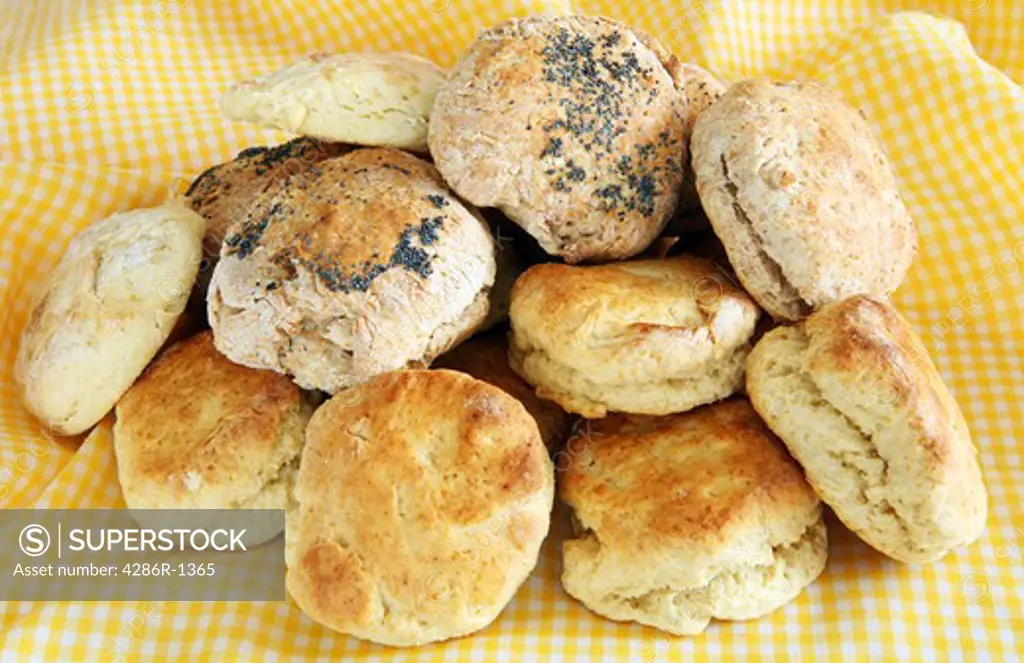 An assortment of home-made breads and scones on a gingham table cloth.  baking; bakery; home baking; home cooking; cooking; bread; scone; loaf; white; wholemeal; bun; tin loaf; rolls; cobs; bread roll; nobody; close-up;