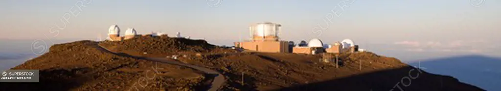 Panoramic image of Science City observatories at the top of Haleakala volcano on Maui
