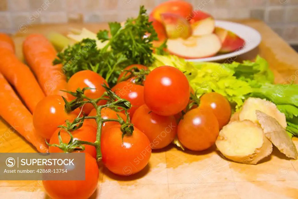 Fresh vegetables and fruit, ingredients for making healthy juice