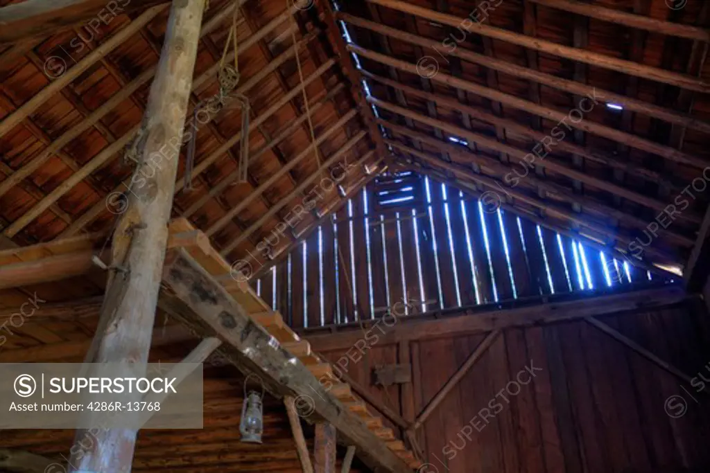 Inside of old pole barn at Historic Stewart Farm at Elgin Heritage Park, near Crescent Beach, Surrey, BC, Canada