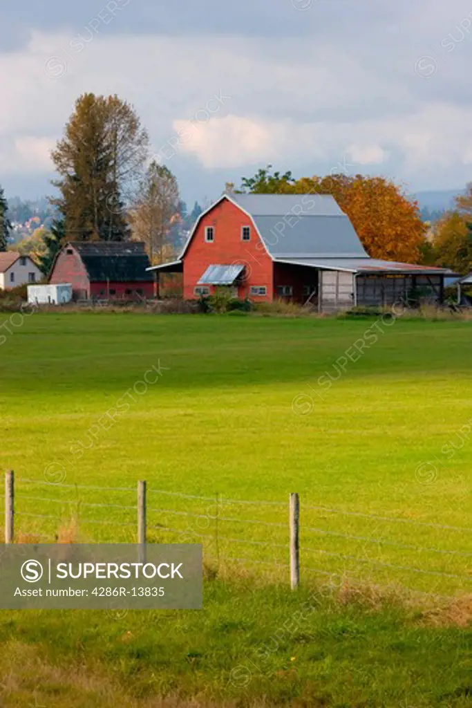 Classic Red Barn and buidings, Pitt Meadows, BC, Canada