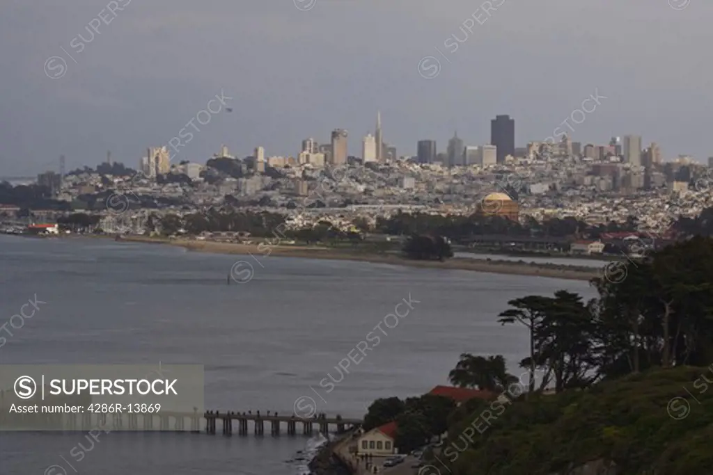 View of San Francisco Marina District and Financial District, including Coit Tower, Palace of Fine Arts and Bay Bridge, San Francisco Bay, California, USA