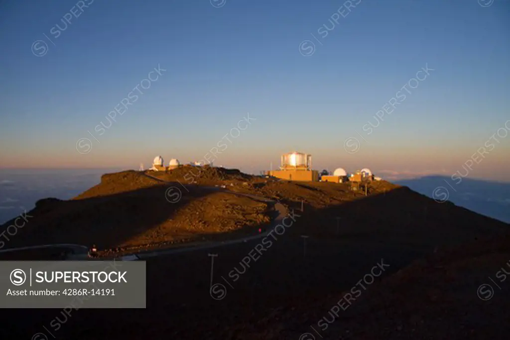 Science City observatories at the top of Haleakala volcano on Maui at dawn