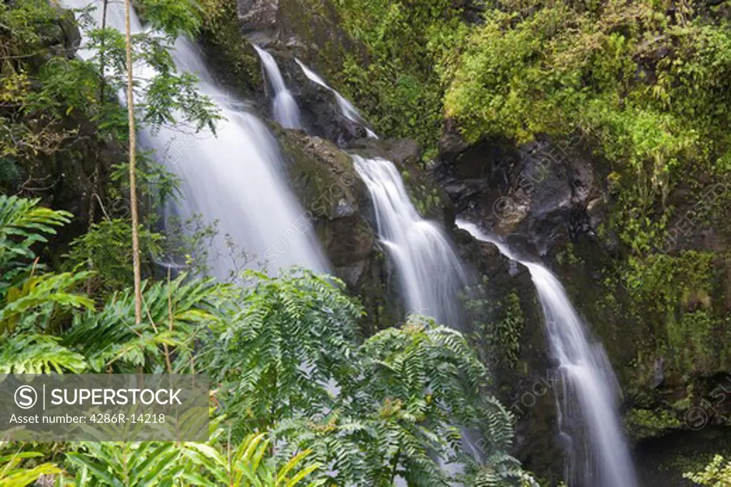 Waikani Falls, also known as the Three Bears on the road to Hana, Maui, Hawaii
