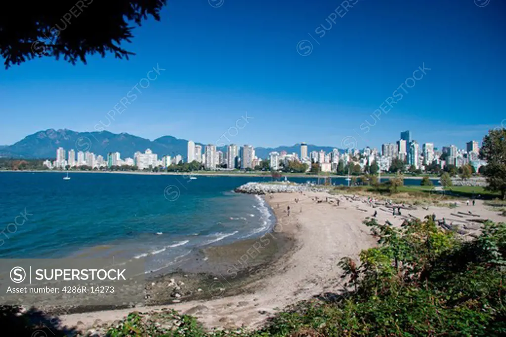 View of Vancouver west end and Kitsilano dog beach on a sunny summer day