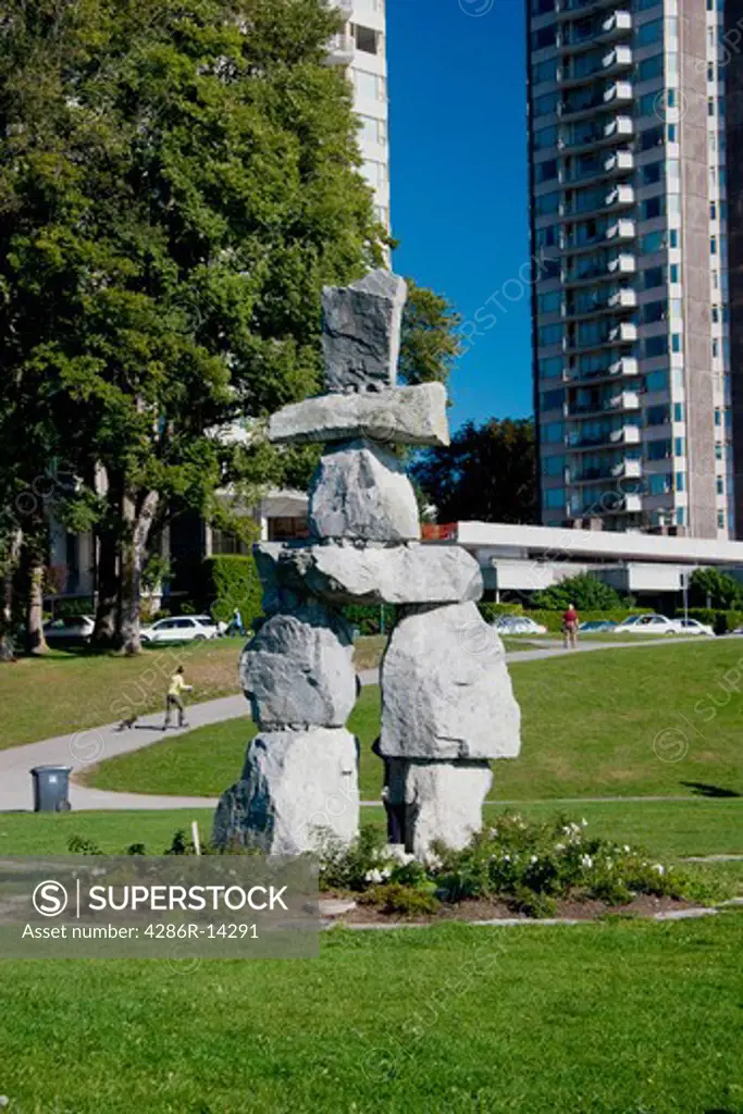 Innukshuk statue at English Bay Beach, Vancouver BC