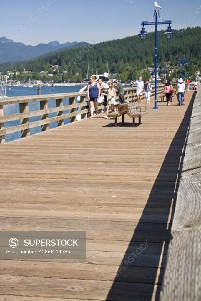 Rocky Point Pier with people and pets on a hot summer day, Port Moody, BC, Canada