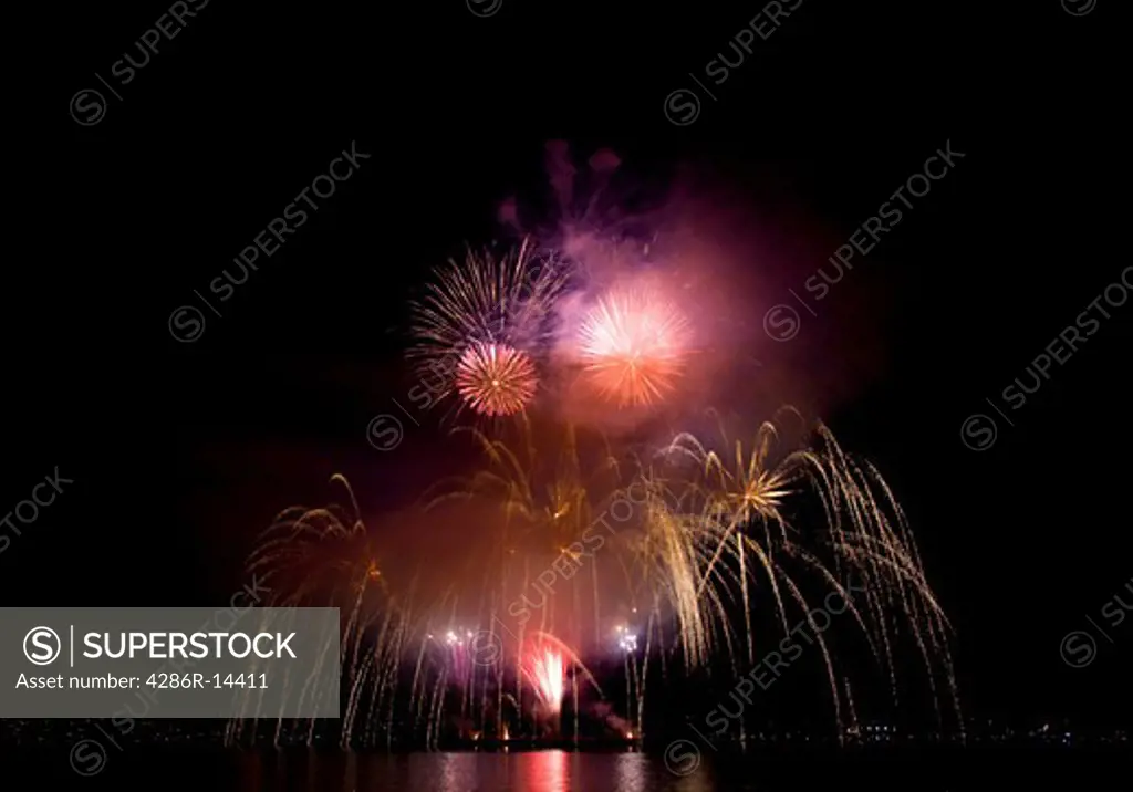 An explosion of purple and gold Fireworks during the Celebration of Light in English Bay, Vancouver.